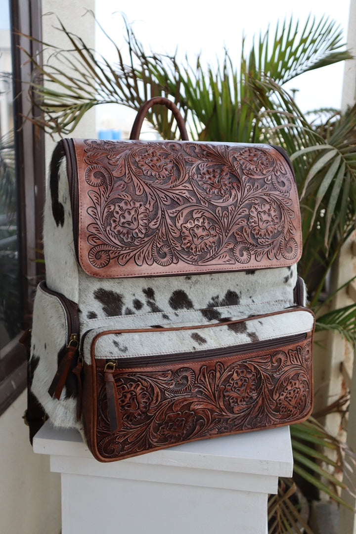 Handcrafted Western Tooled Leather Hair-On Backpack