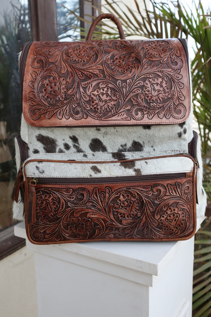 Handcrafted Western Tooled Leather Hair-On Backpack