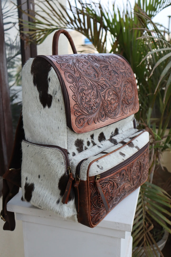 Handcrafted Western Tooled Leather Hair-On Backpack
