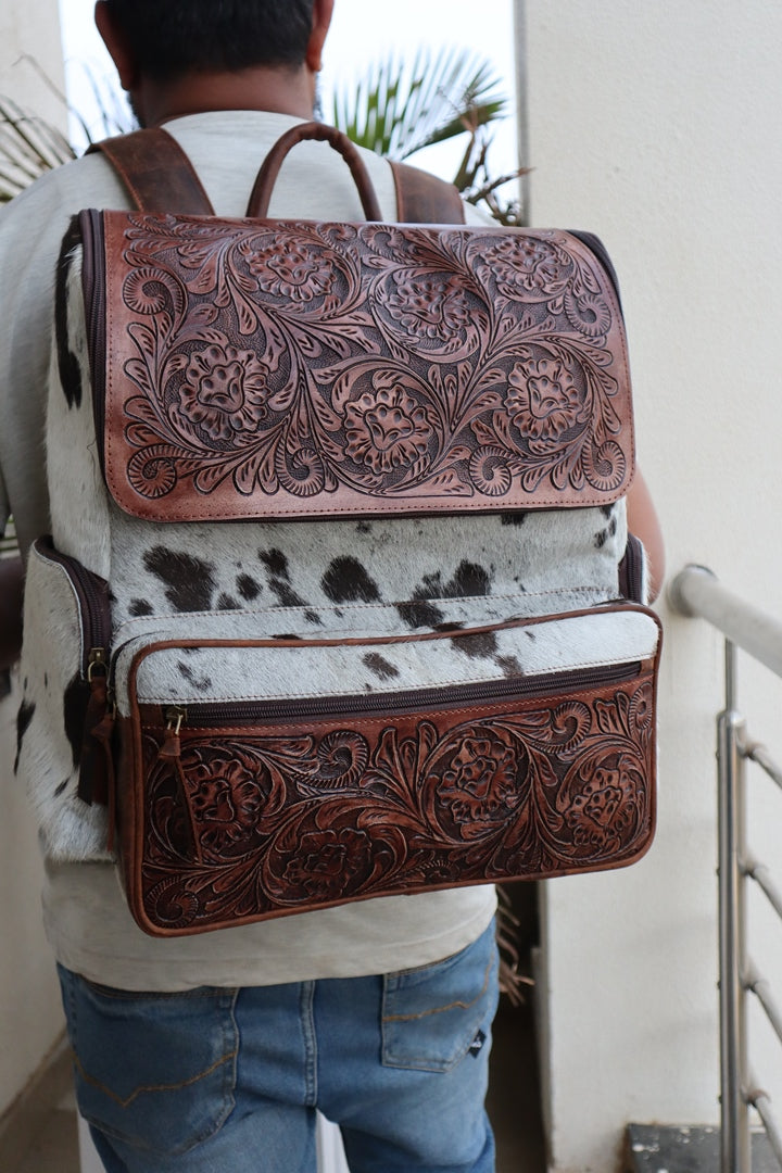 Handcrafted Western Tooled Leather Hair-On Backpack