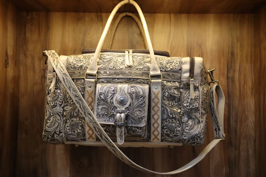 Western Cowhide Tooled Leather Duffle Bag – Handmade Travel Companion
