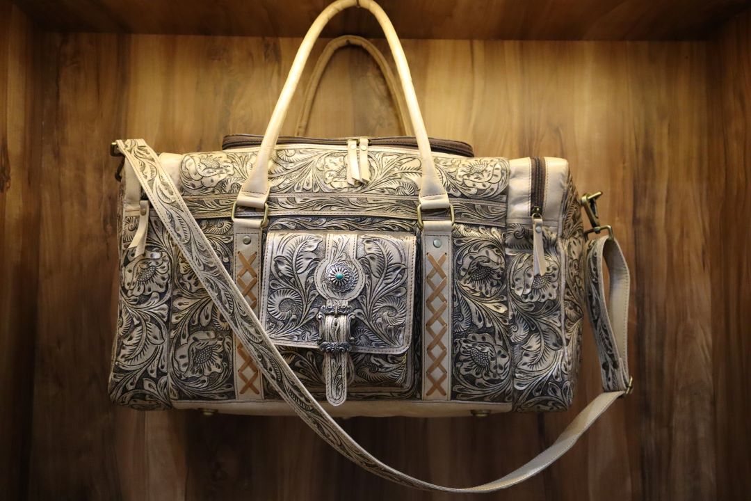 Western Cowhide Tooled Leather Duffle Bag – Handmade Travel Companion