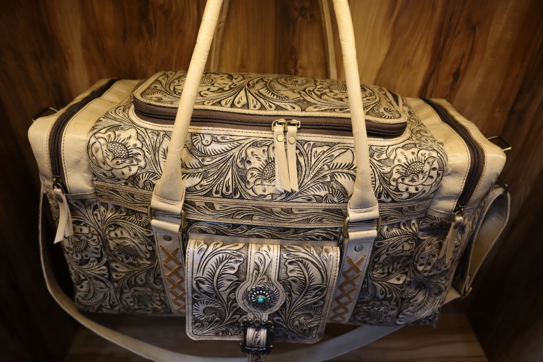 Western Cowhide Tooled Leather Duffle Bag – Handmade Travel Companion