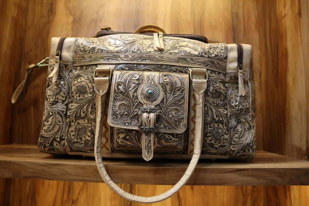 Western Cowhide Tooled Leather Duffle Bag – Handmade Travel Companion
