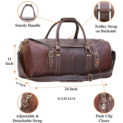 Premium Leather Duffle Bag – 24" Travel, Gym, Weekender with Trolley Strap